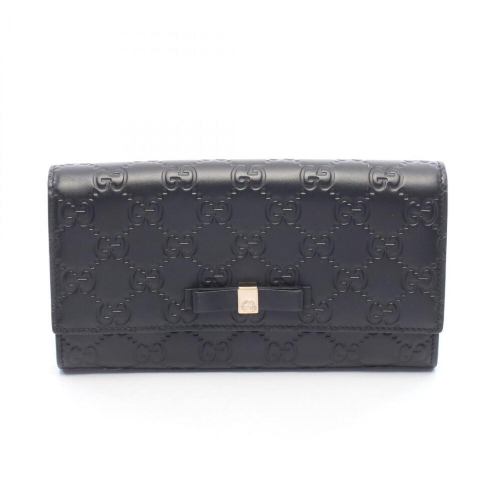 Gucci Guccissima Ribbon Bi-fold Long Wallet, Leather, Women's, Black, 388679